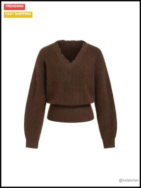 Wool Blend V Neck Cropped Pullover Sweater Lace Hem Knit Top